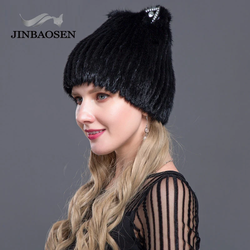 JINBAOSEN Ski Hat Mink Fur Cap Mink Fox Combined with Fur Knitted Wool Set Winter Ladies Fur Fashion Hat