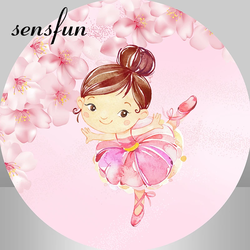 Sensfun Pink Cute Girls Dance Ballerina Round Backdrop Cover Flowers Girls Baby Shower Birthday Party Circle Background Elastic