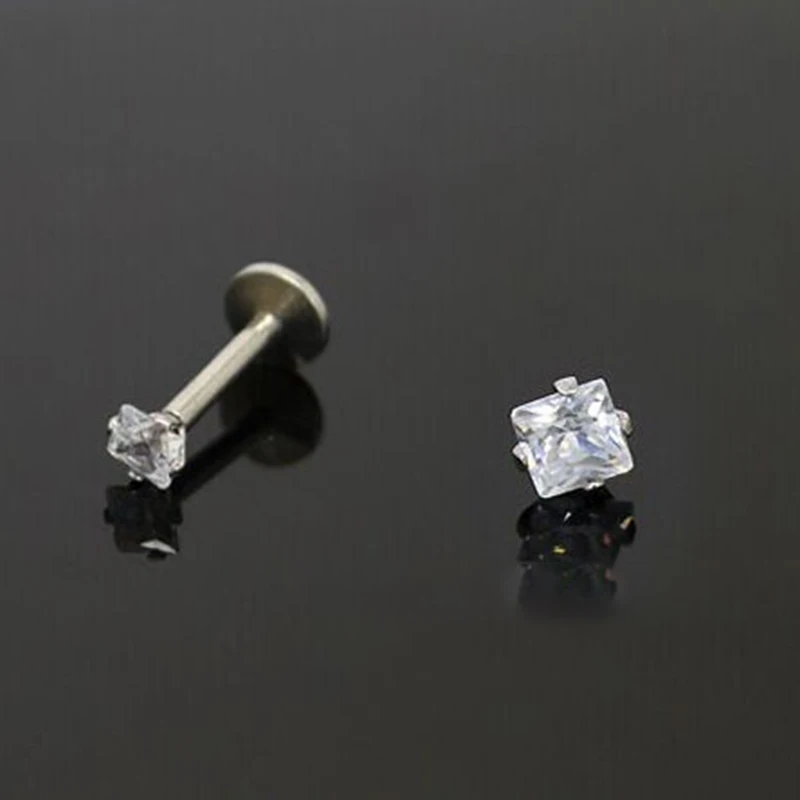 10Pcs Square CZ Gem Steel Top Internally Thread 16g For Ear Cartilage Tragus Helix Piercing Labret Lip Studs Ring  Body Jewelry