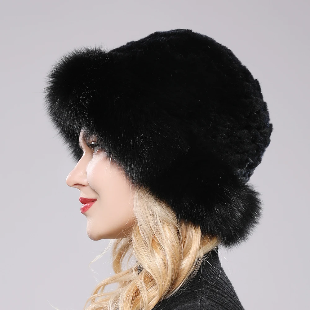 Luxury Women Winter Hat Real Rex Rabbit Fur Bomber Hats Lady Winter Genuine Fox Fur Cap Beanies Warm Soft Fluffy Natural Fur Hat