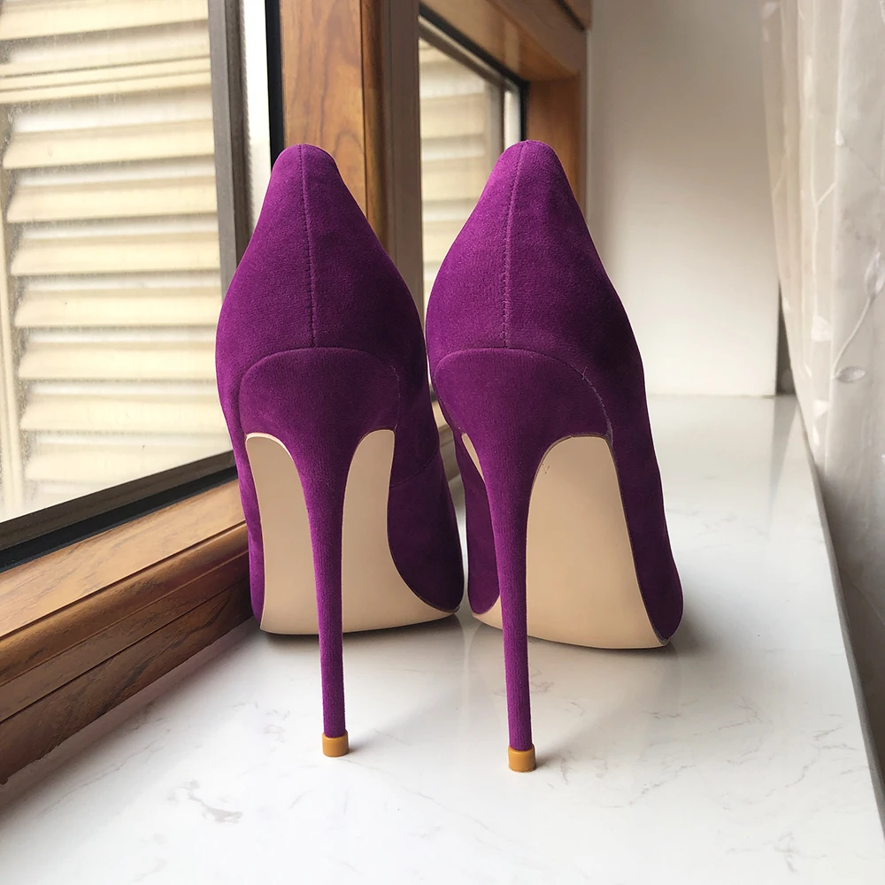 Tikicup 8cm 10cm 12cm Women Solid Purple Flock Pointy Toe High Heels Elegant Ladies Gorgeous Stiletto Pumps Party Dress Shoes