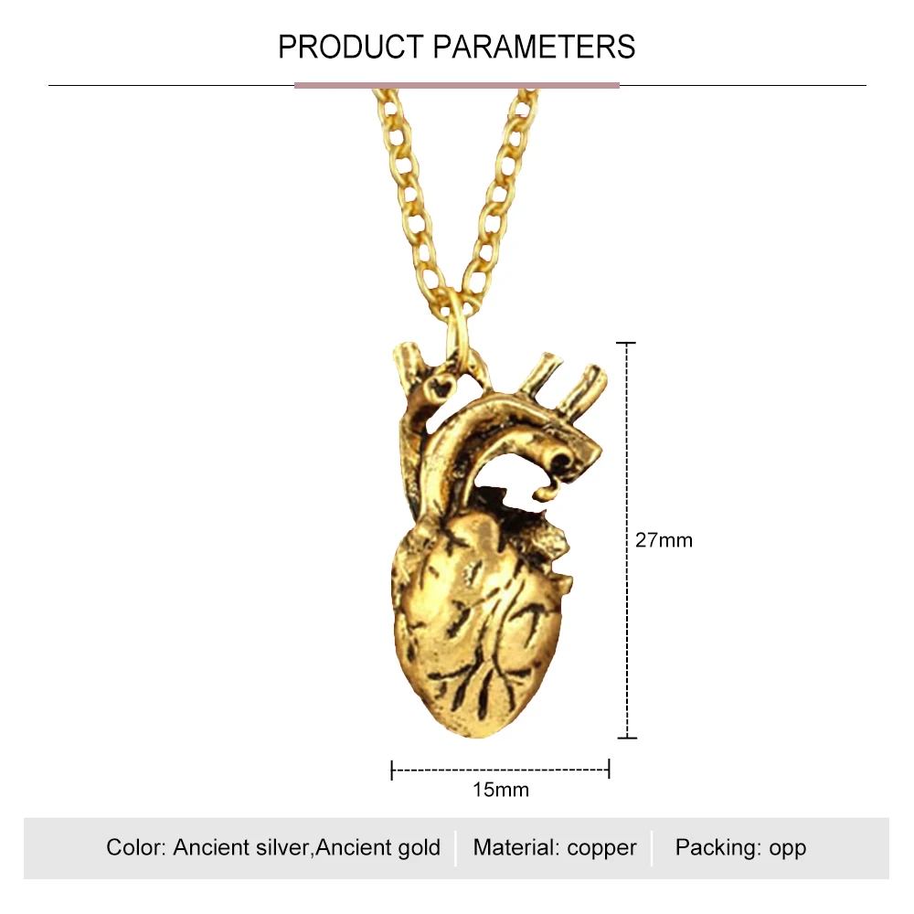 Antique copper Plate Anatomical Heart Pendant Necklace For Women Men Heart Beating Charm Necklaces Vintage Punk Choker Necklace