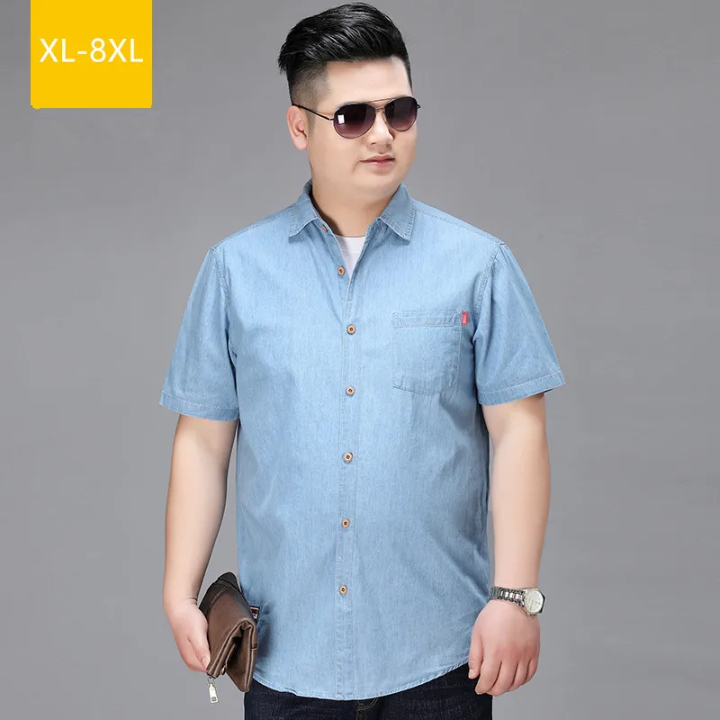 Denim Shirts Men Cotton Short Sleeve Summer Casual Jeans PLus Size 5XL 6XL 7XL Big Thin Boys Loose Blouse 8XL Man Male Camisa