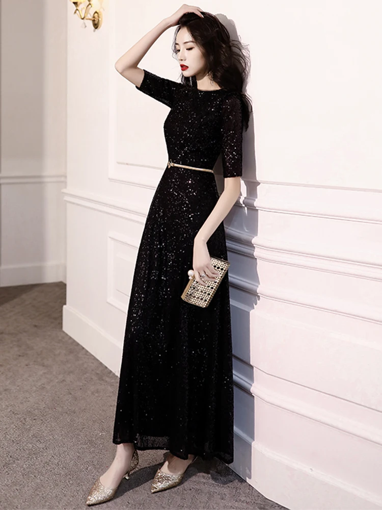 Customized AE0367 Black Long Evening Dresses 2024 Elegant O Neck  A Line Sequined Formal Dress Party Gown robe de soiree