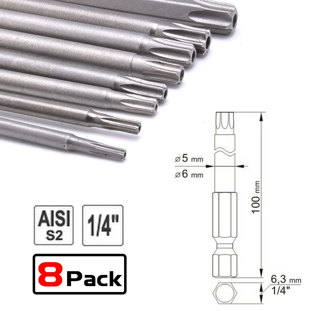 8Pcs 10mm Precision Professional Long Torx Screwdriver Bits Set Hex Magnetic Head Length 100mm Hexagon Precision Screwdriver D30