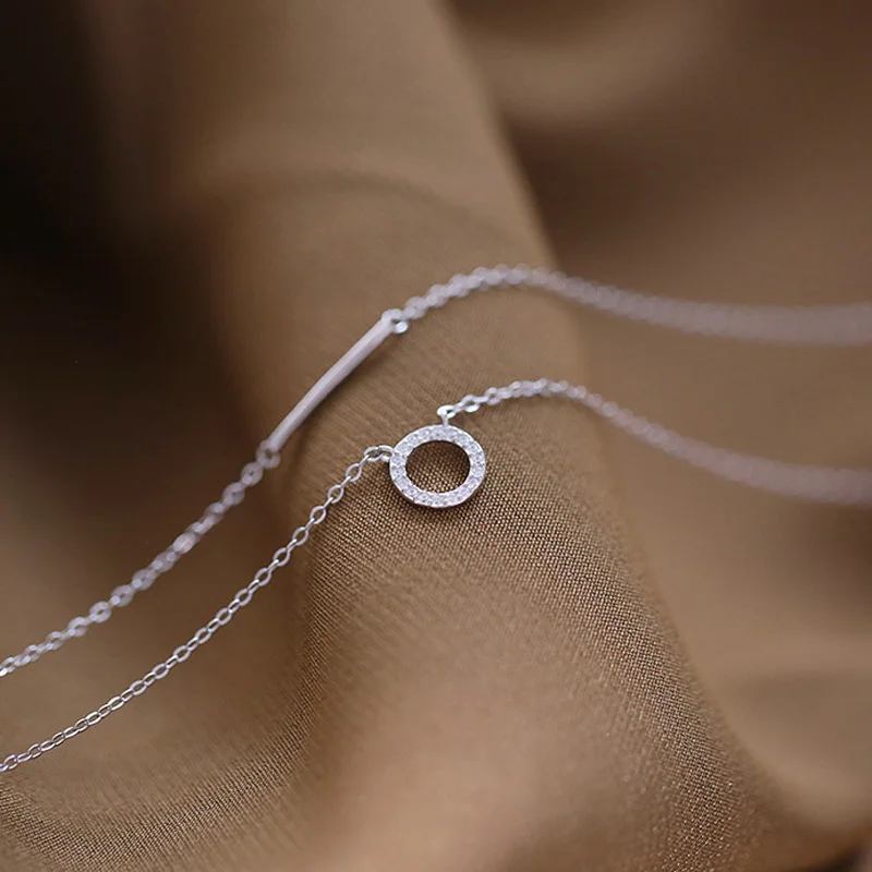 KOFSAC Fashion 925 Sterling Silver Jewelry Necklaces For Women Shiny Zircon Circle Double Chain Necklace Lady Anniversary Gifts