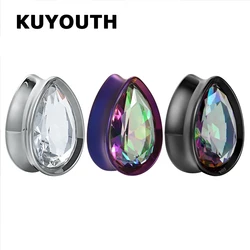 KUYOUTH High Quality Stainless Steel Water Drop Zircon Ear Piercing Tunnels Expanders Body Jewelry Earring Plugs Stretchers 2PCS