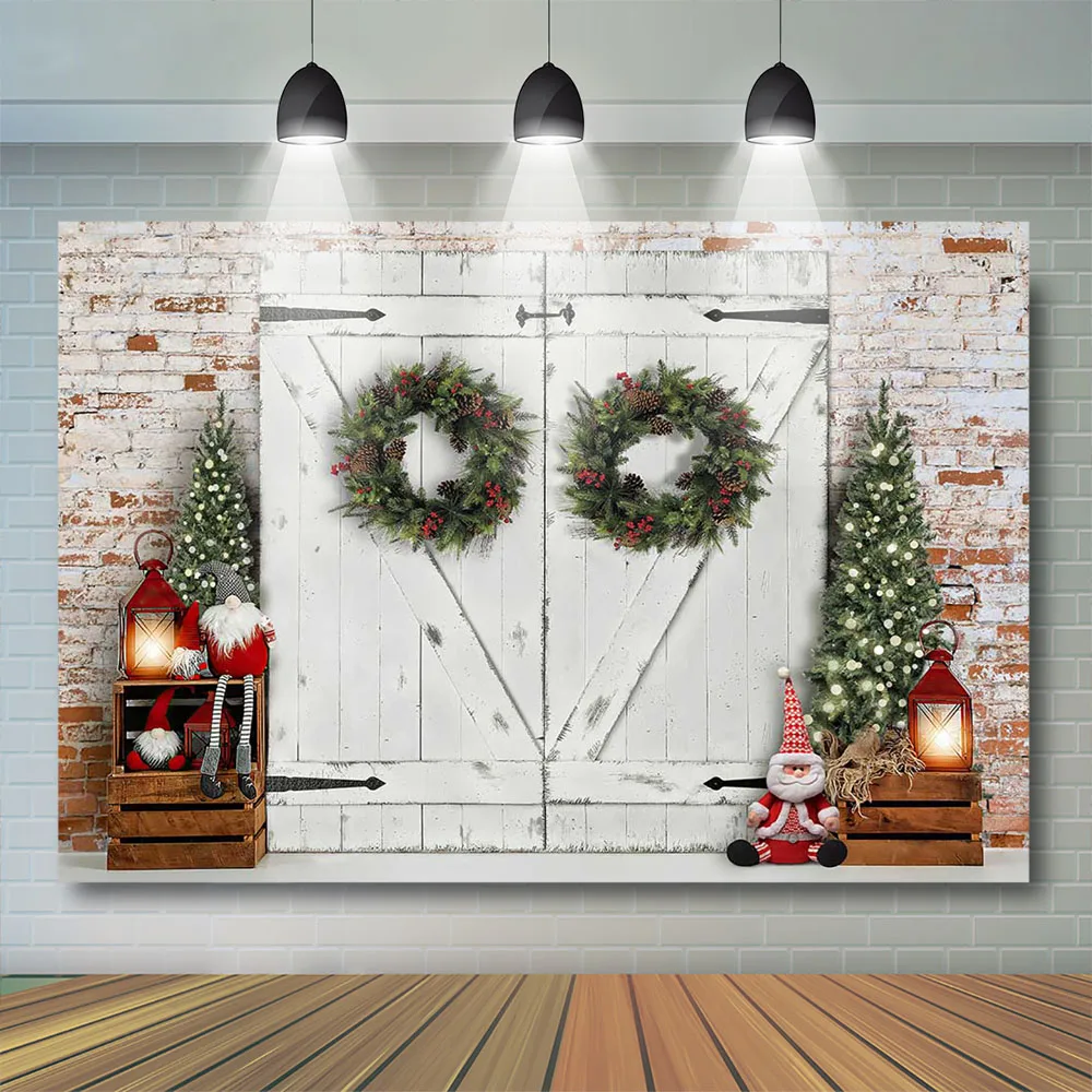 Christmas White Wood Door Background Toy Santa Kids Photography Family Child Portrait Photostudio Wreath Girl Backdrop Banner