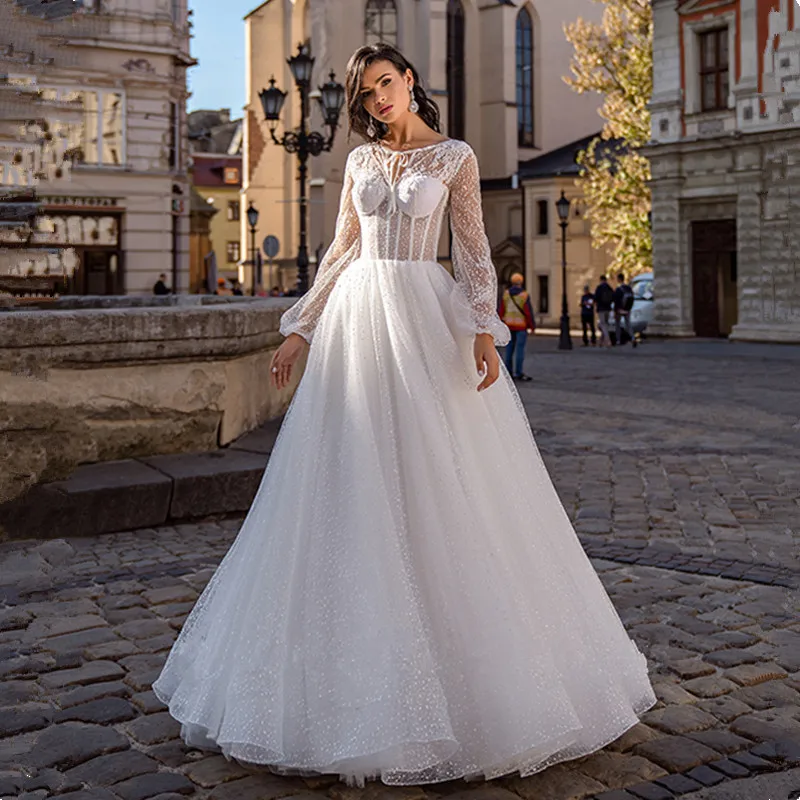 Sexy Transparent Langarm EINE Linie Hochzeit Kleid 2020 Romantische Riemen Hals Chiffon Pailletten Hochzeit Brautkleider Robe De Mariee