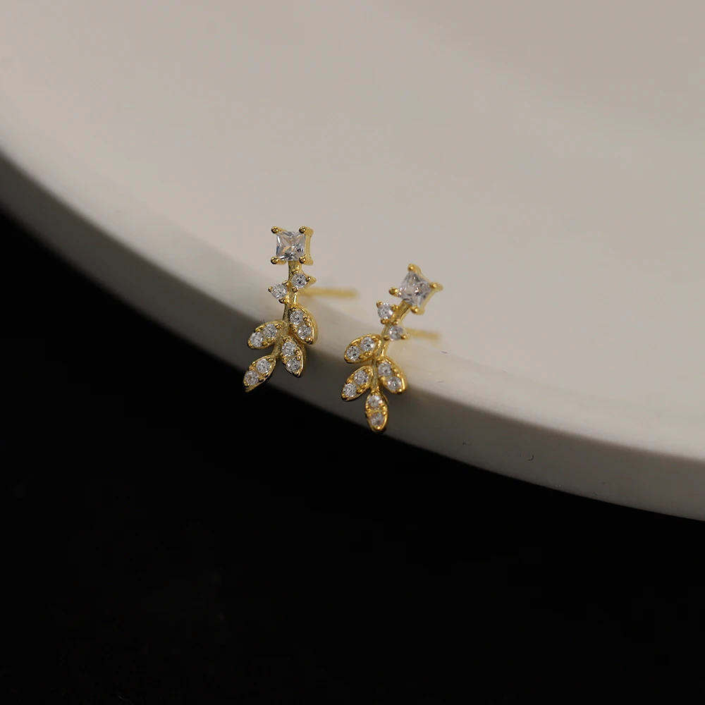 

S925 Sterling Silver 14K Gold Plated Zircon Leaves Stud Earrings Korean Flower Plant Earrings