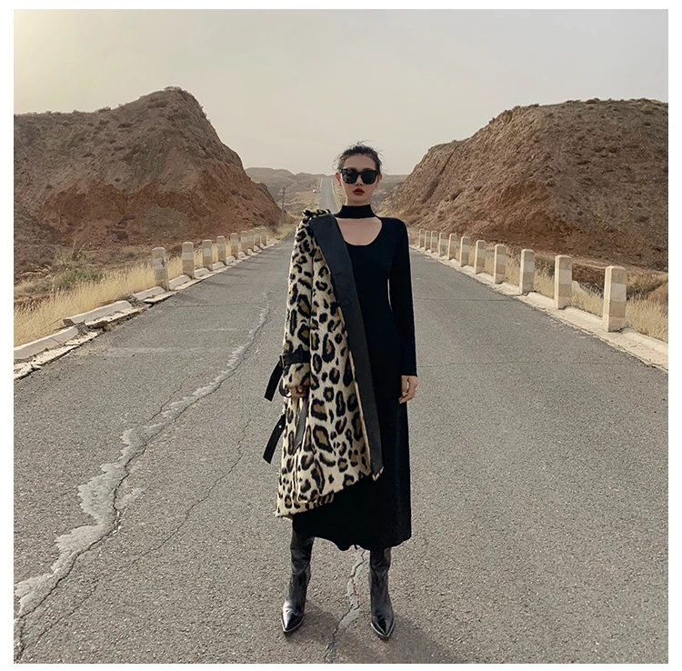Lautaro Winter Long Leopard Print Warm Fluffy Faux Fur Trench Coat for Women Long Sleeve Double Breasted European Fashion 2021