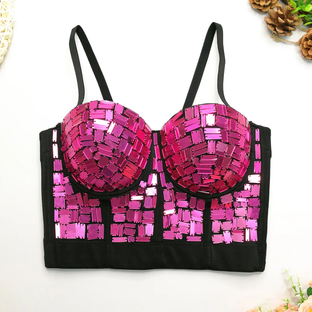 

Cupnaya Glitter Red Sequins Women Black Crop Top Push Up Bustier Corset Camisole Bralette Costume Dance Tank Vest Clubwear