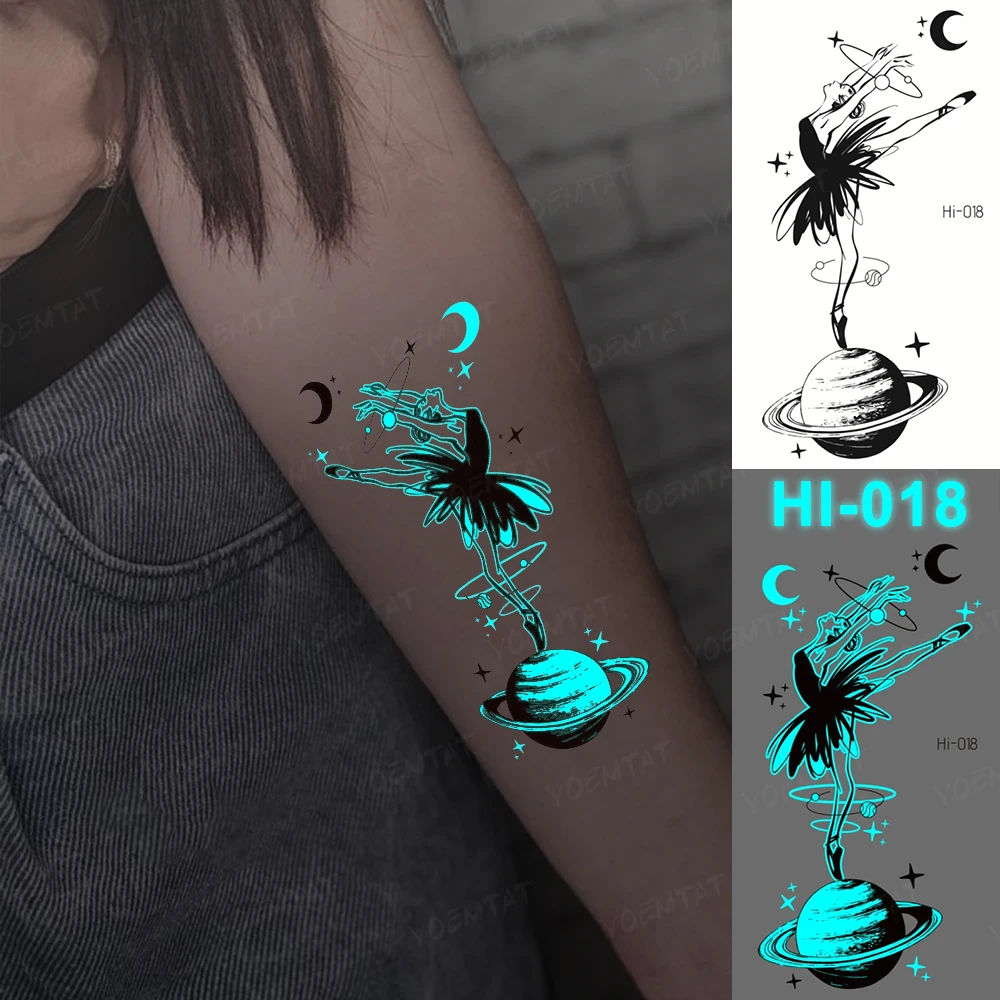 Luminous Stickers Neck Tattoo Temporary Glitter Tattoo Kids Ballet Dancing Planet Moon Outer Space Mini Tato Art Green Blue Glow