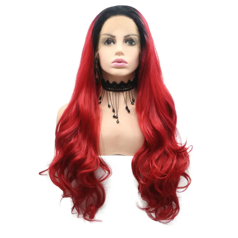 

Melody Synthetic Lace Front Wig Heat Resistant Black Roots Ombre Red Long Body Wave for Women Natural Looking Daily Wear Cosplay