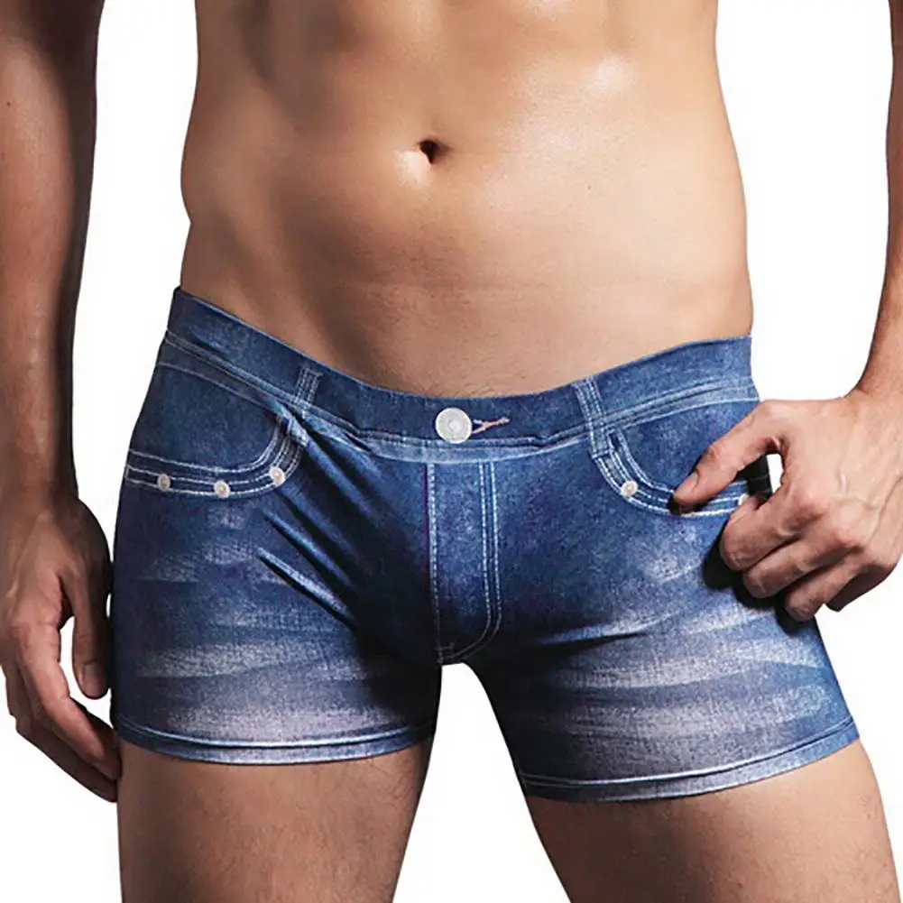 Denim Pattern Fake Jeans Print Cotton Men Briefs Underwear Boxer Fashion Cow Boy Underpants Summer Male Sexy Shorts