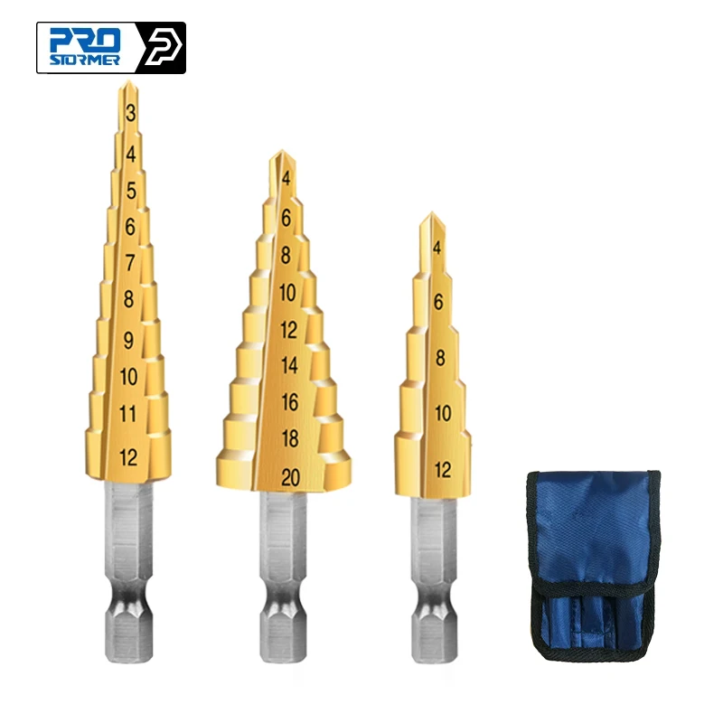 Step Drill Bit 3pcs 4-12/20/32mm HSS Steel Step Cone Cut Set Tools Titanium Coated Wood Metal High Speed Drill Bit Prostormer