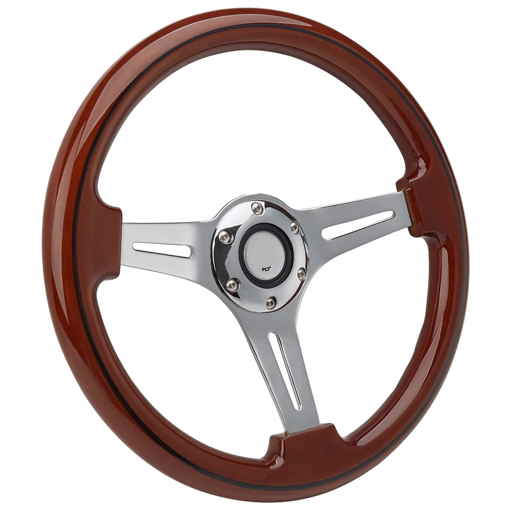 

Universal 350mm Brown Wood Grain Steering Wheel,14" Racing Car Wood Steering Wheel with Chrome Silver Spoke