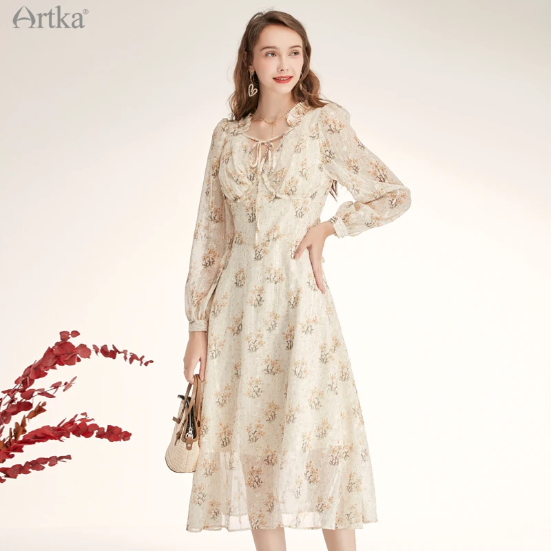 

ARTKA 2021 Early Autumn New Women Dress Elegant French Lace Ruffle V-Neck Dresses Long Sleeve Chiffon Floral Midi Dress LA20015Q