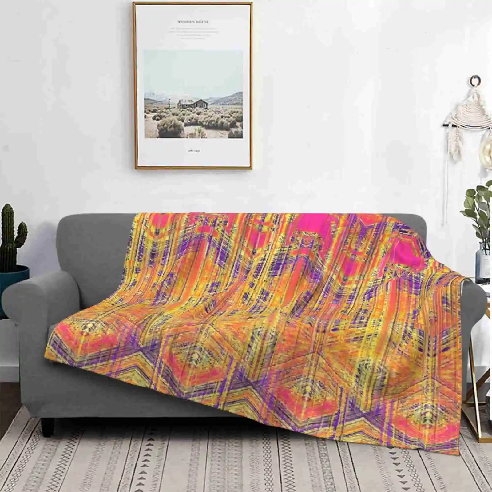 Bollywood New Selling Custom Print Flannel Soft Blanket Bright Happy Color Colorful Cheery Cheerful Bold Pattern Pink Yellow