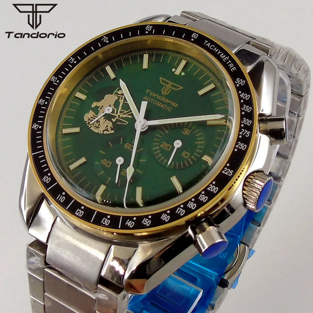 Tandorio Green/Black/Blue Dial 40mm Automatic Men Watch NN3836 Movement Date Week Display Mineral Glass Steel Bracelet