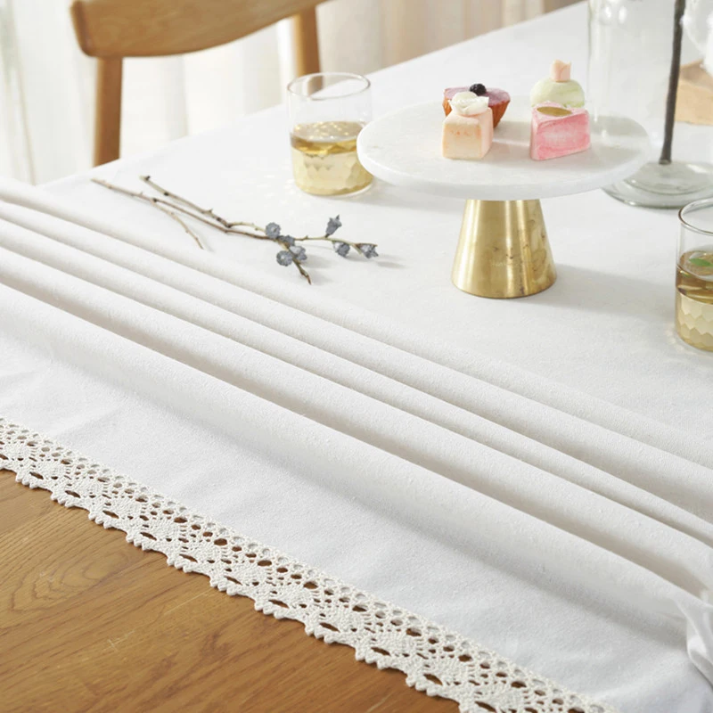 Soild Tablecloth with White Lace Elegant Rectangle Tablecloth Cotton Linen Table Cloth for Home Dinner Tea Table Cover