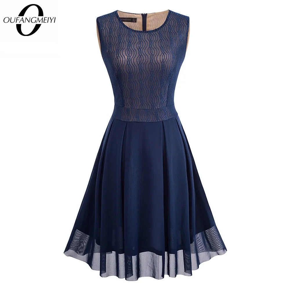 

Women Retro Ball Sleeveless O Neck Fit and Flare A-Line Knee Length Dress 1EA031