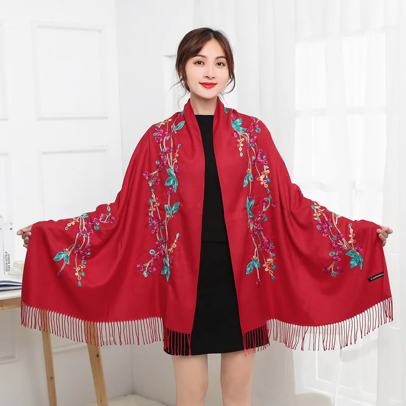 

Luxury Thick Winter Scarf Women Warm Cashmere Plum Blossom Embroidery Tassel Shawl Wrap Blanket Hijab Scarf Pashmina Scarves