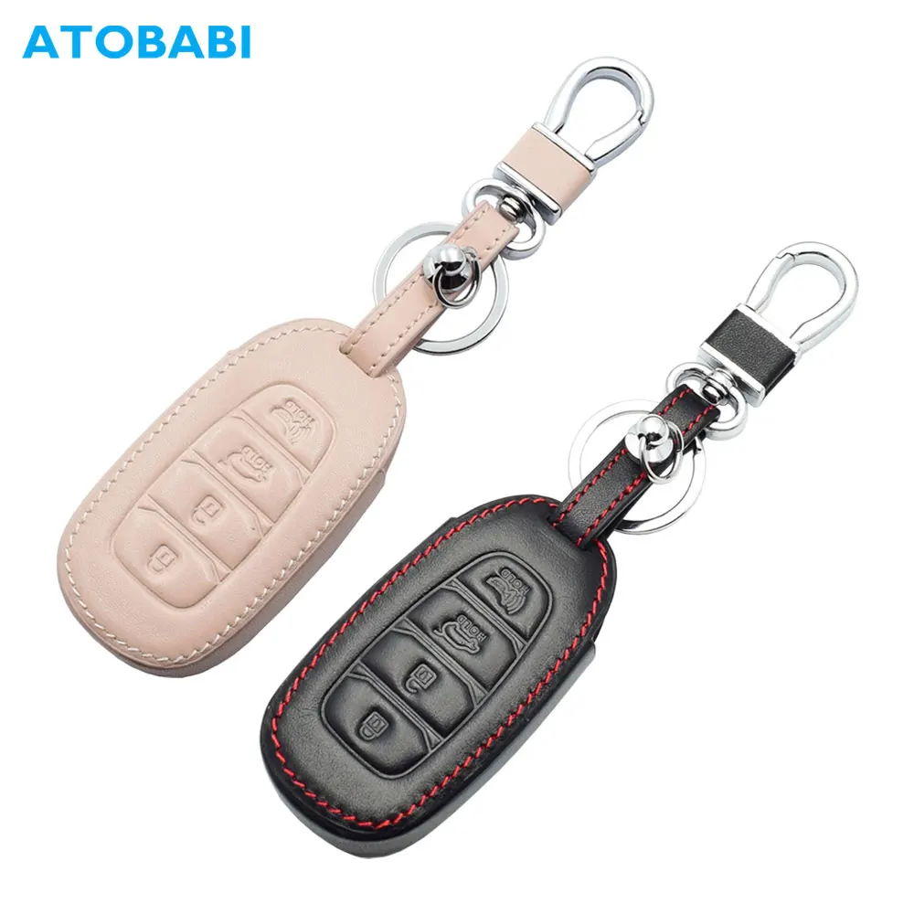 Leather Car Key Case For Hyundai Kona 2018 2019 Santa Fe TM 4 Buttons Smart Prox Keyless Remote Key Fob Cover Keychain Protector