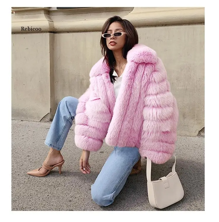 

Fluffy Faux Fox Fur Coat Fake Fur Jacket Winter Warm Women patchwork Jacket Outerwear Female Lapel Collar Waist coats