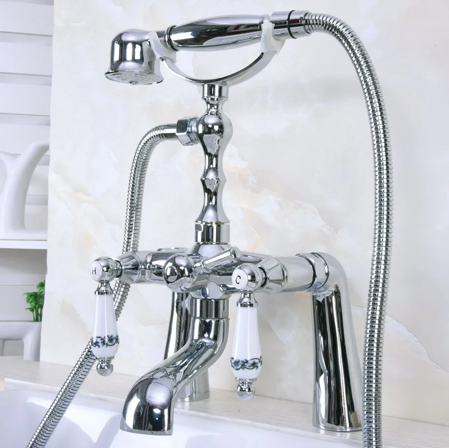 Brass Polished Chrome Deck Mounted ClawFoot Bathroom Tub Faucet Dual Ceramic Handles Telephone Style Hand Shower Head ana113