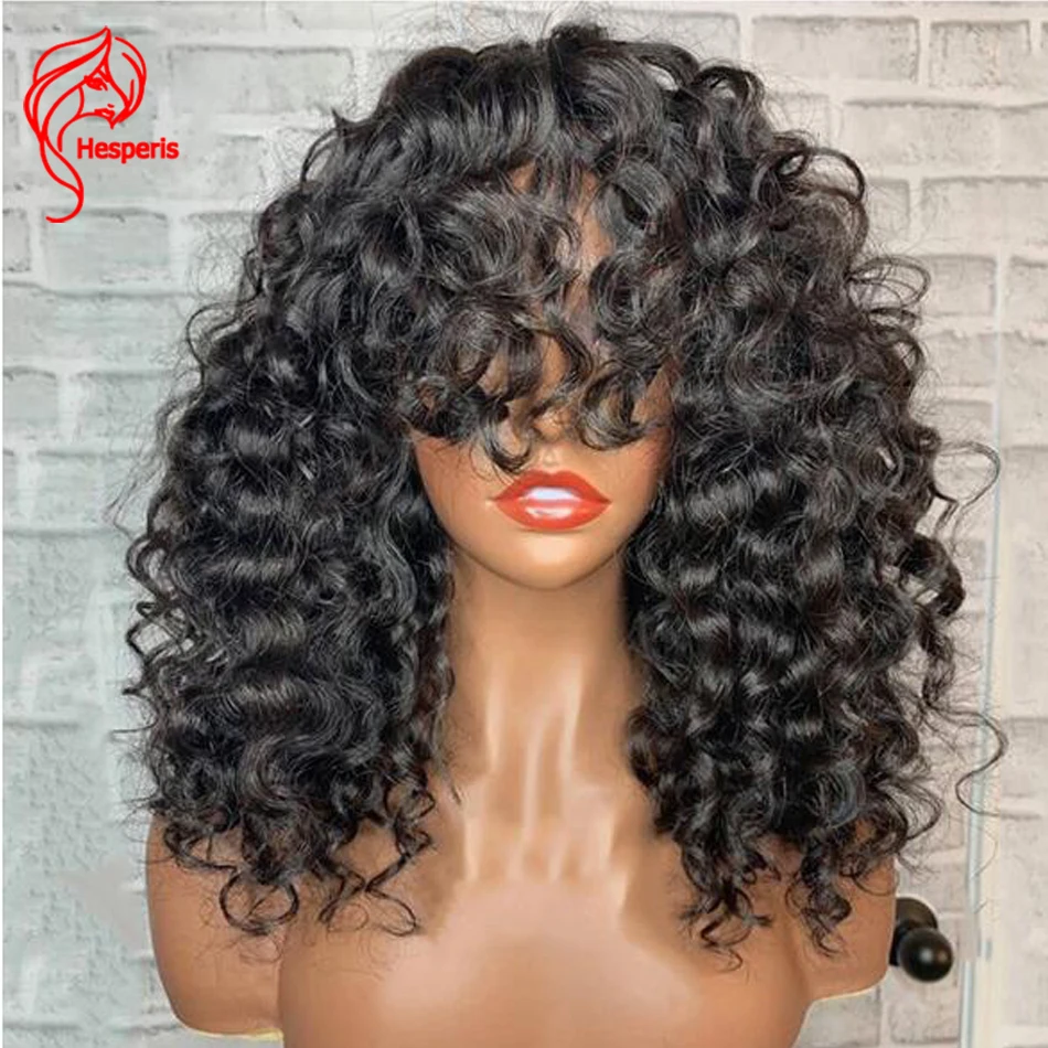 

Hesperis Curly Full Machine Made Wig Brazilian Remy Human Hair Wig With Bangs For Women Natural Color Wear And Go 200 Density