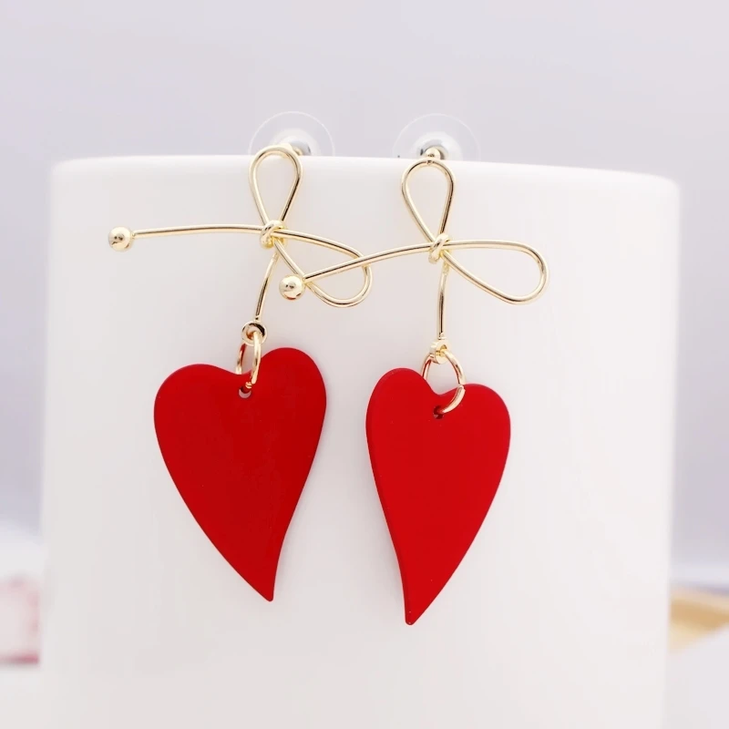 Korean Style Red Big Heart Knot Drop Earrings for Women Yellow Pink Color Sweet Wedding Jewelry Wholesale Pendientes Girl Gift