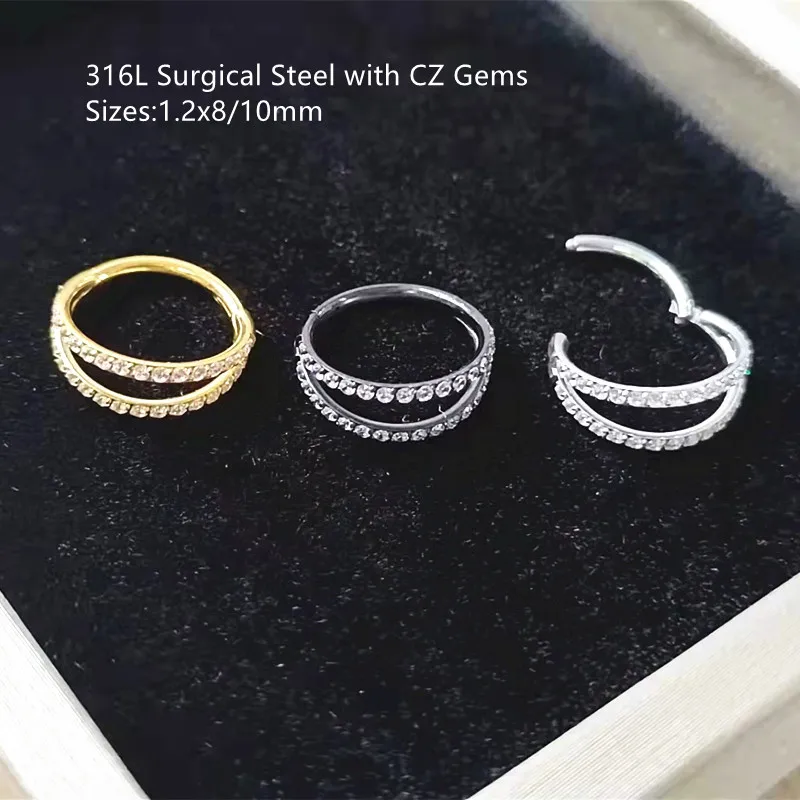 10pcs 16G CZ 316L Surgical Steel Seamless Two Rows Hinged Segment Ring  Nose Clicker Ear Cartilage Body Hoop Septum Rings Shine