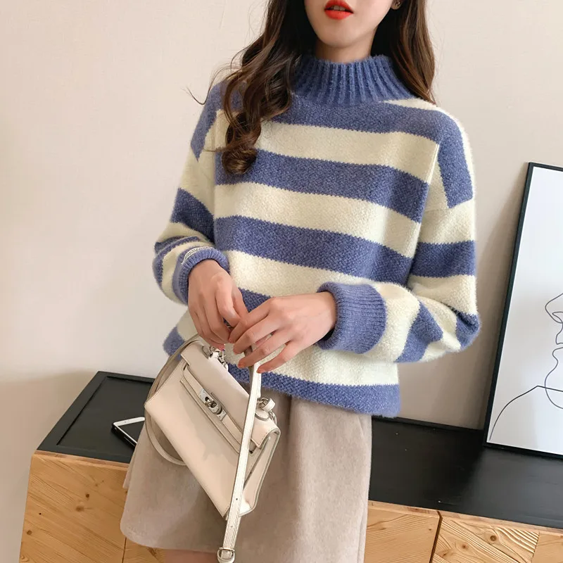 Korean Stripe Half High Collar Knit Sweater Women Student Pullover Jumpers Ladies Half Turtleneck Long Sleeve Knitted Top Female