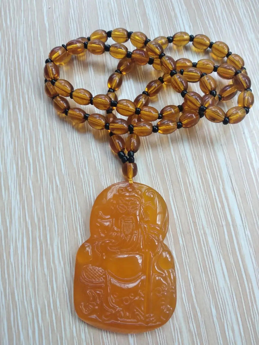 Nature Golden Chalcedony Pendant Carven Guan Gong God Amulet With Bead Hanging Necklace