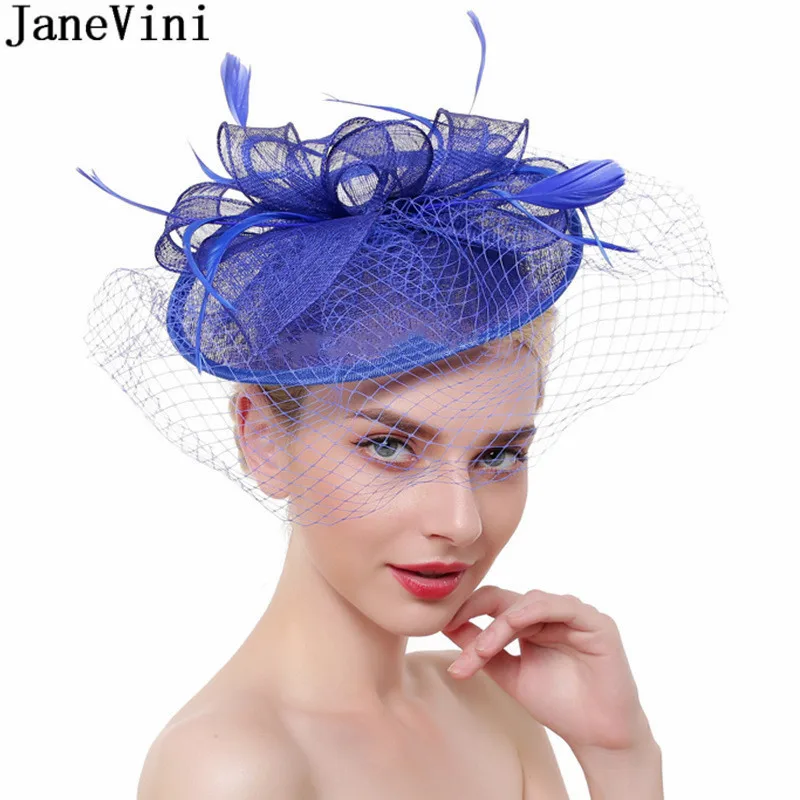 JaneVini Fascinator Wedding Hats for Women Elegant Feather Mesh Bridal Party Headdress Woman Ivory Blue Wedding Hats Haarschmuck