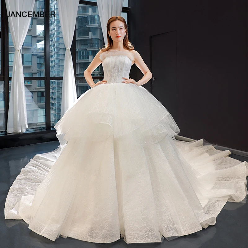 

J66852 jancember ball gown wedding dress strapless new design organza like white bridal dress with train vestido de novia boho