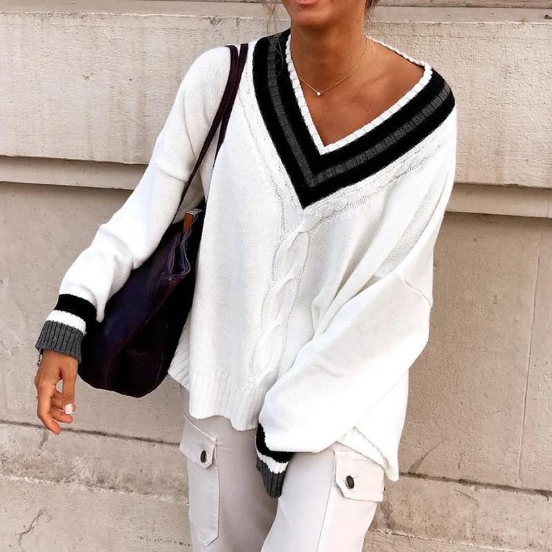 

Women White Loose Sweater, Adults Casual Style Color Block Long Sleeve V-neck Pullover