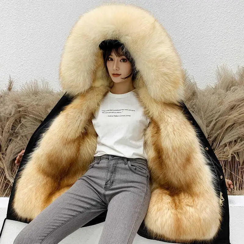 HANZANGL Women Fur Coat 2022 Winter New Style Overcoming Coat Mid-length Detachable Raccoon Fur Liner Parkas 10 color M-7XL