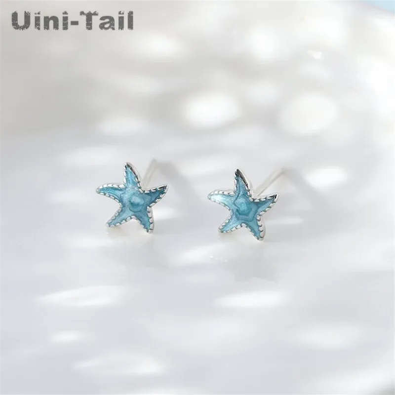 Uini-Tail new listing 925 Tibetan silver cute blue starfish earrings personality fashion tide sense allergy accessories ED500