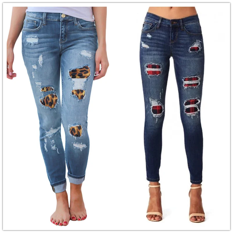 Bán Nữ Rách Da Báo Quần Jean Thời Trang Co Giãn Skinny Denim Quần Bút Chì Phố Cổ Hipster Quần Jean S-2XL