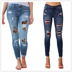 Hot sale women's ripped leopard print jeans Fashion stretch Skinny denim pencil pants Street casual hipster jeans S-2XL