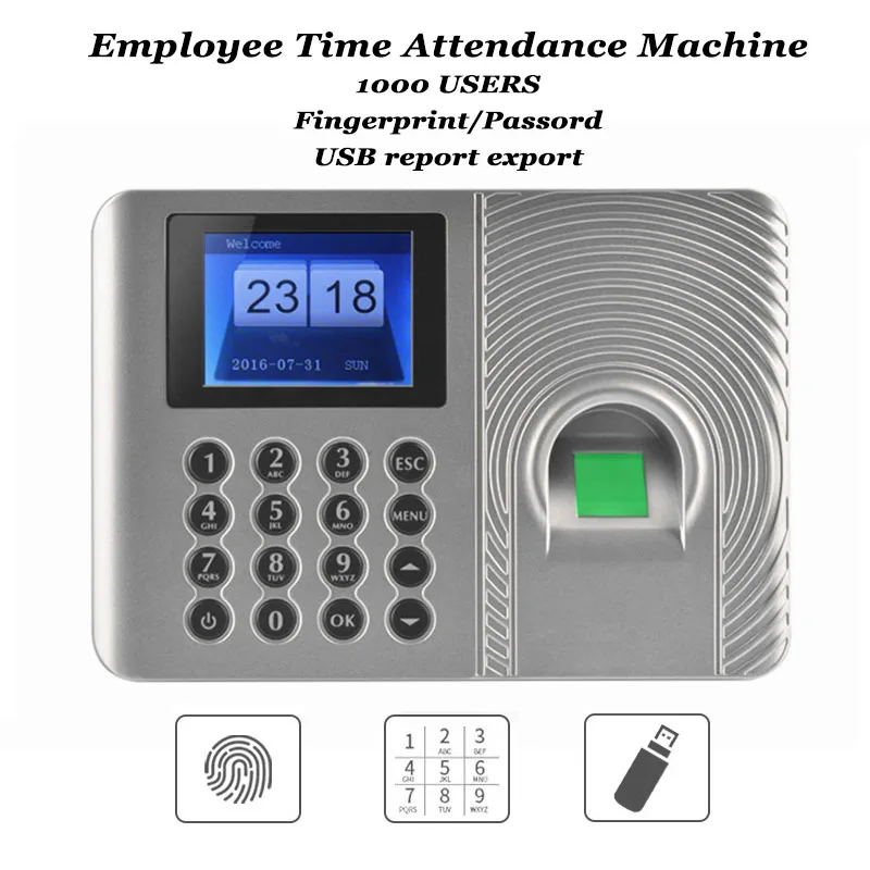Офисный биометрический считыватель отпечатков пальцев, 1000 пользователей, USB-накопитель с кодом посещаемости, экспорт Excel, рекордер Empolyee