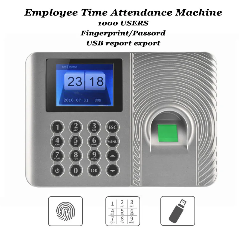 1000 Users Office Biometric Fingerprint Time Attendance Machine Code USB disk Excel export Empolyee Recognition Recorder