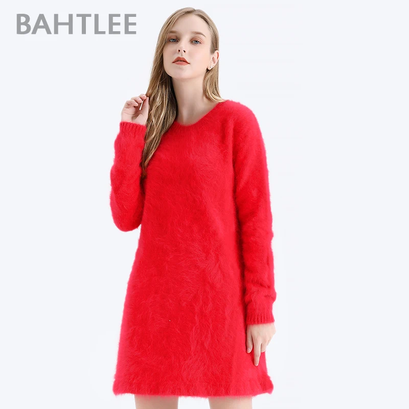 BAHTLEE-Women\'s Angora A Line Dress, Above Knee Length, Wool Knitted Jumper, Long Sleeves, O-Neck, Sexy, Autumn, Winter