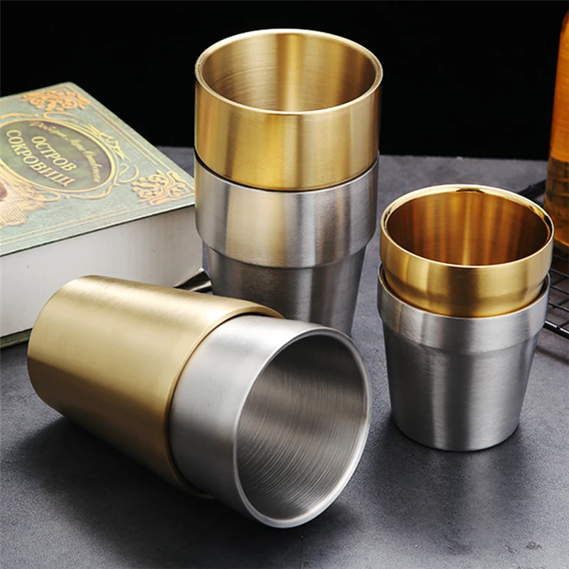 260/300ml Korean Stainless Steel Mugs Double Layer Coffee Beer Drinks Cups Household Portable Drinkware for Office Home