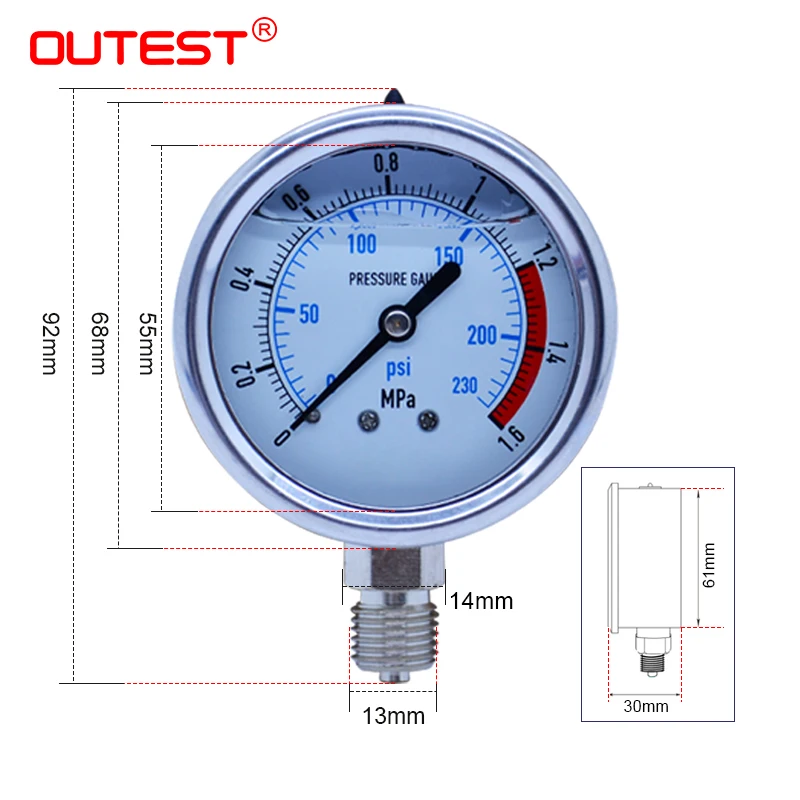 OUTEST compressore d\'aria pneumatico idraulico radiale manometro in acciaio inossidabile manometro aria olio acqua manometro idraulico