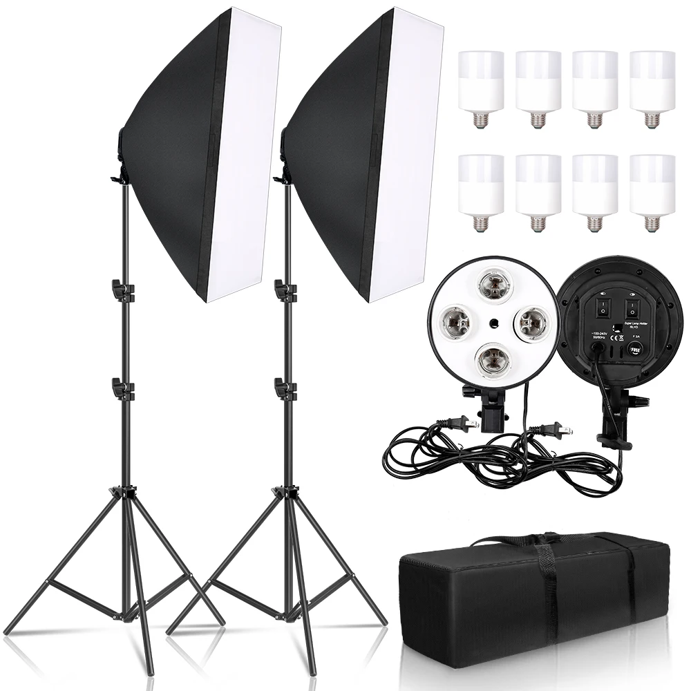 Softbox Lighting Kit Photography Continuous 45/135W Bulbs 4in1 Bulb Socket Light Suit With 2m Tripod Stand Studio Photo