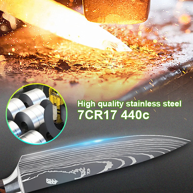 Kitchen Knives 7CR17 440C Stainless Steel Knife Laser Damascus Pattern Japanese Santoku Cleaver Slicing Utility Chef Knife