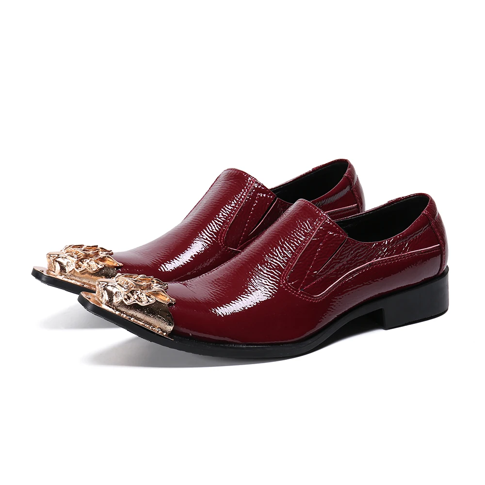 

Wine Red Genuine Leather Dress Shoes Men Glitter Wedding Office Iron Toe Oxford Shoes Buckle Loafers Formal Shoes Zapatos Homme